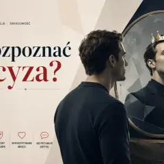 Mężczyzna w lustrze widzi siebie w koronie, symbolizując obrażonego narcyza. Obok tekst o rozpoznawaniu narcyzów.