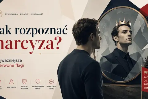 Mężczyzna w lustrze widzi siebie w koronie, symbolizując obrażonego narcyza. Obok tekst o rozpoznawaniu narcyzów.