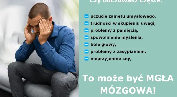 Mężczyzna z problemami z myśleniem, bólem głowy i mgłą mózgową.