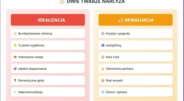 Dwie twarze narcyza: idealizacja (bombardowanie miłością, uwaga) i dewaluacja (krytyka, gaslighting, brak empatii).