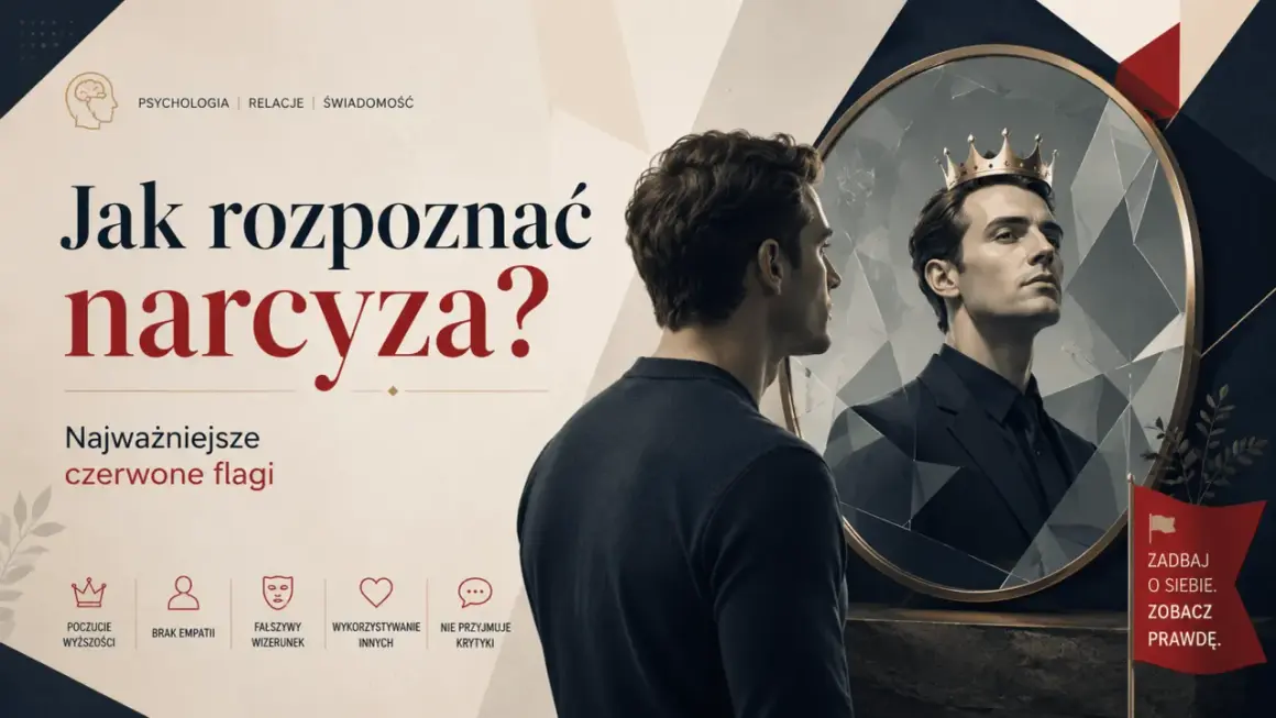Mężczyzna w lustrze widzi siebie w koronie, symbolizując obrażonego narcyza. Obok tekst o rozpoznawaniu narcyzów.