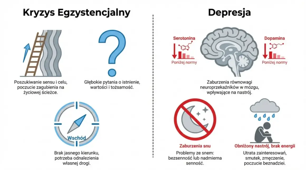 Kryzys egzystencjalny: zagubienie, brak celu, pytania o sens. Depresja: niski nastrój, brak energii, smutek, zmęczenie, poczucie beznadziei.