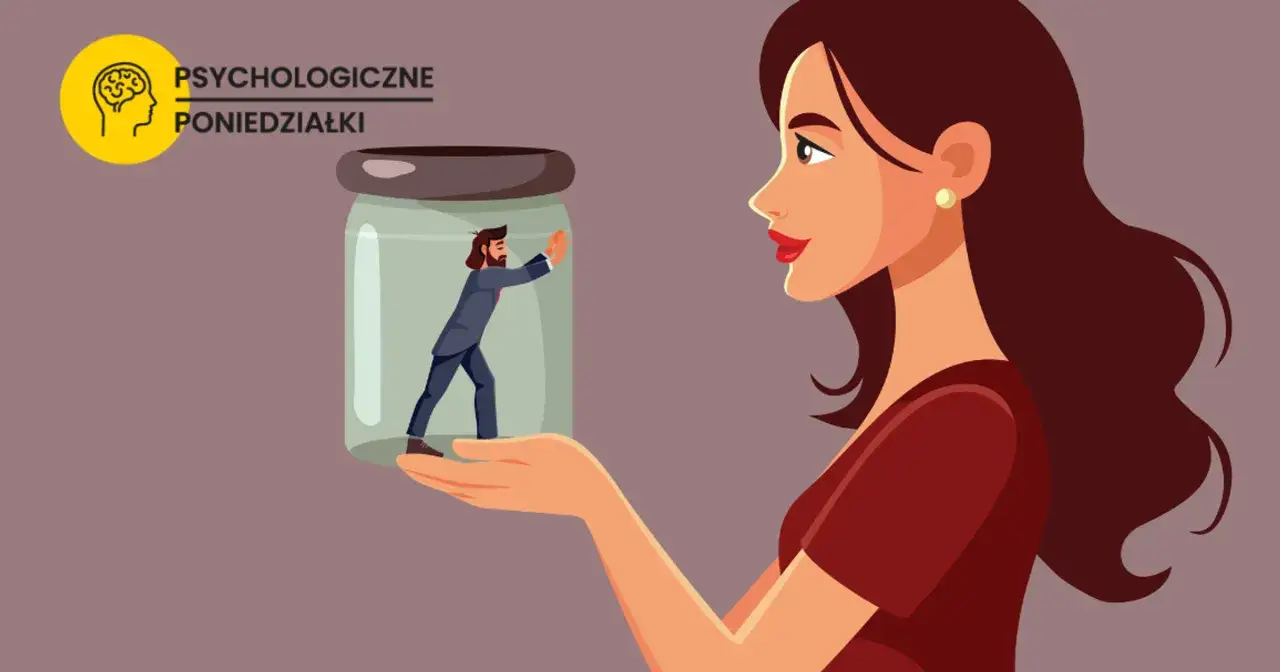 Kobieta trzyma słoik, w którym uwięziony mężczyzna próbuje się wydostać. Ilustracja symbolizuje cechy narcystyczne i kontrolę.
