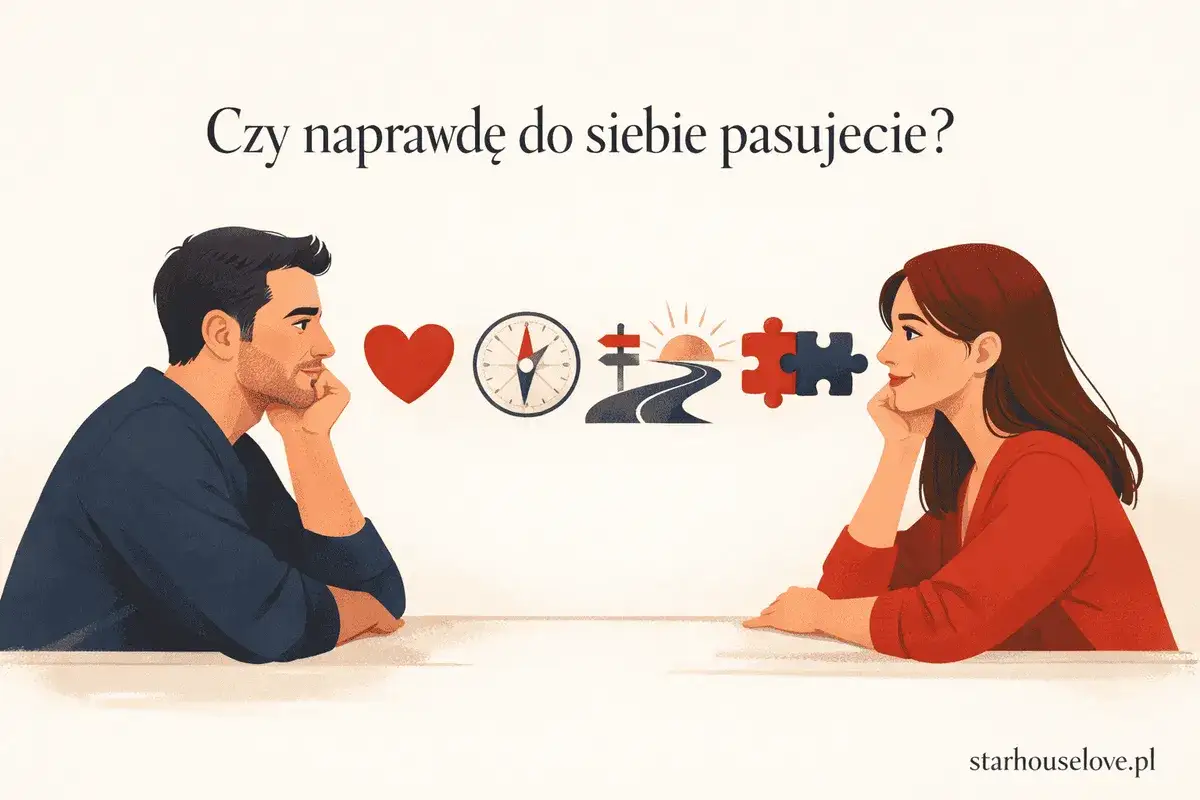 Para zastanawia się nad wsp&oacute;lną przyszłością. Serce, kompas, droga i puzzle symbolizują kluczowe wartości w związku.