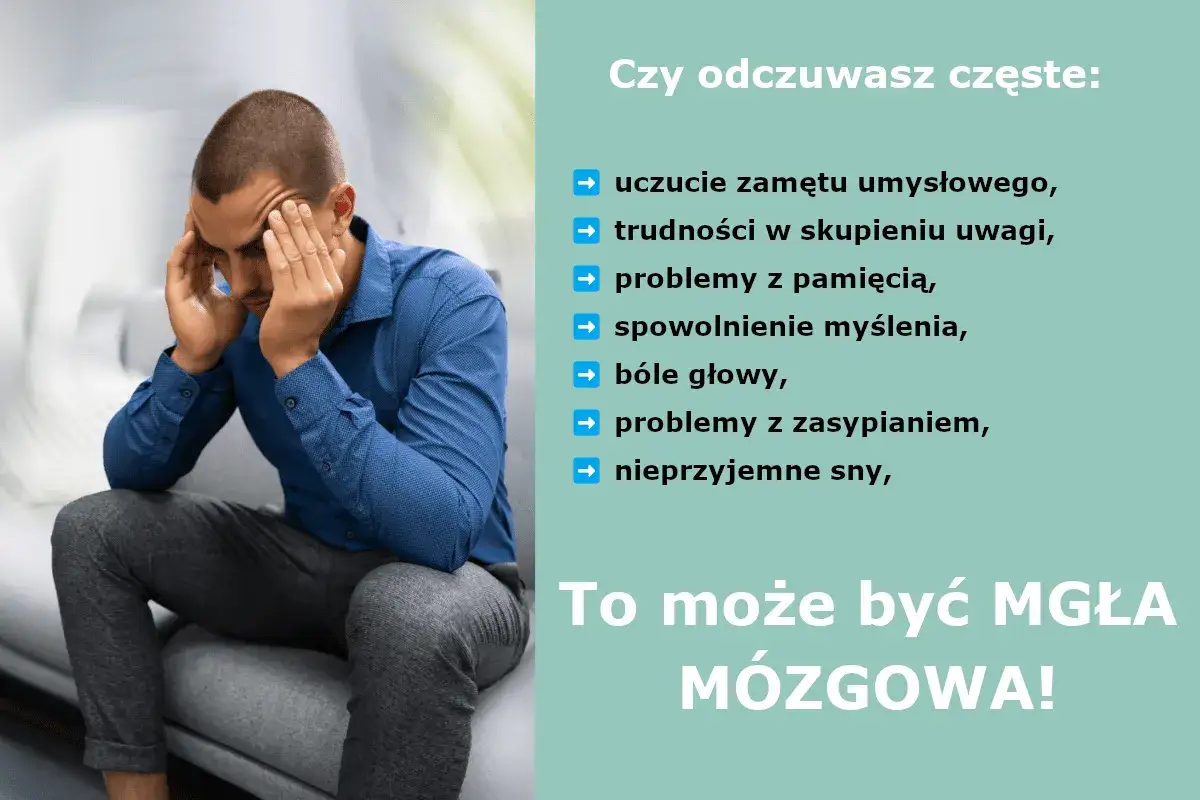 Mężczyzna z problemami z myśleniem, b&oacute;lem głowy i mgłą m&oacute;zgową. Objawy: zamęt umysłowy, trudności z pamięcią, spowolnienie myślenia.